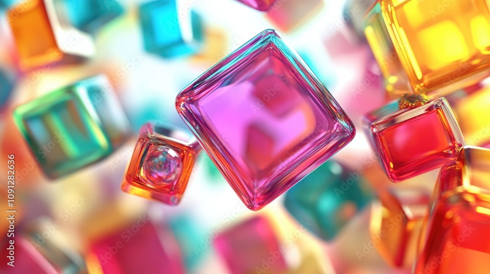 Aufkleber Dynamic abstract design featuring colorful translucent glass cubes and spheres in a clean space.