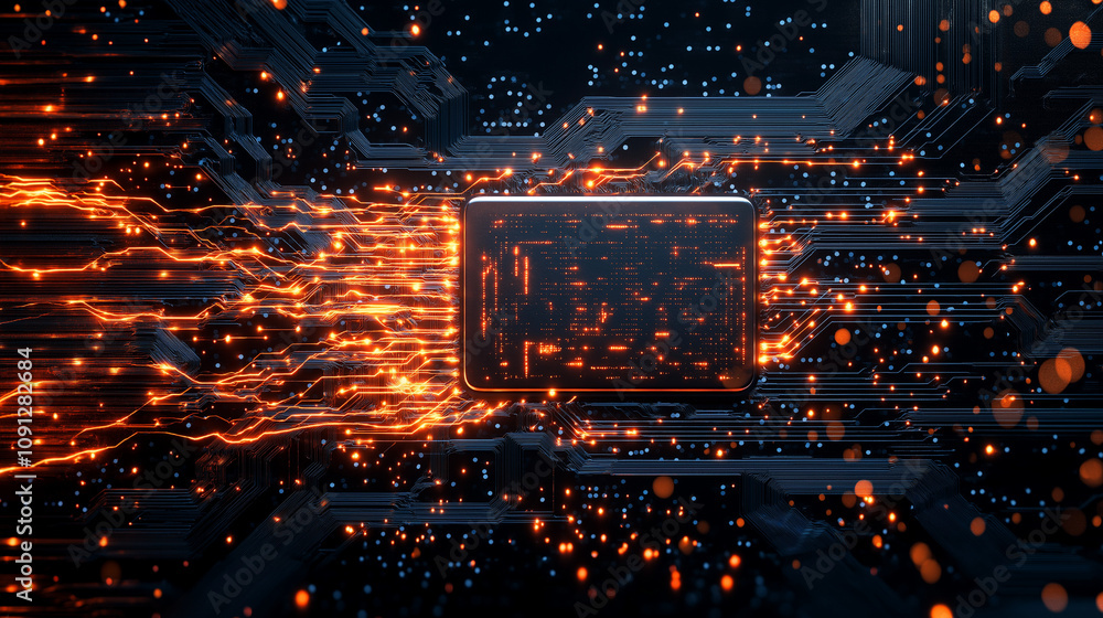 Poster digital core: abstract, glowing digital circuitry streams from a central processing unit, symbolizin