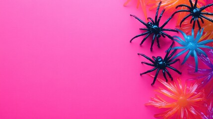 Obraz premium Colorful plastic spiders scattered on a bright pink Halloween background with ample blank space for creative text or design elements.