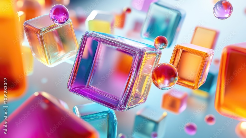 Poster dynamic abstract design featuring colorful translucent glass cubes and spheres in a clean space.