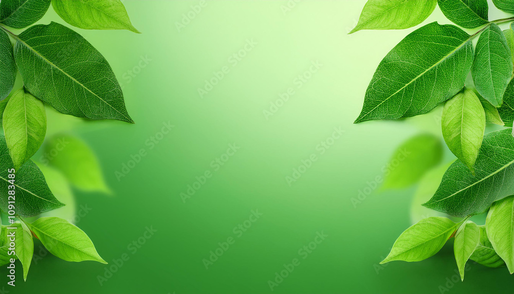 Poster abstract green and white round corner cube platform podium. window lighting and green leaf. pastel l