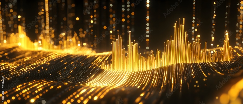 Poster an abstract representation of sound waves, featuring golden bars and light trails against a dark bac