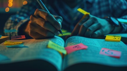 Fototapeta premium defocused on Focused Study with Sticky Notes and Pen at Night