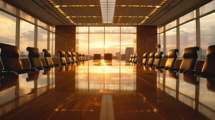 modern conference room with sunset reflections on table