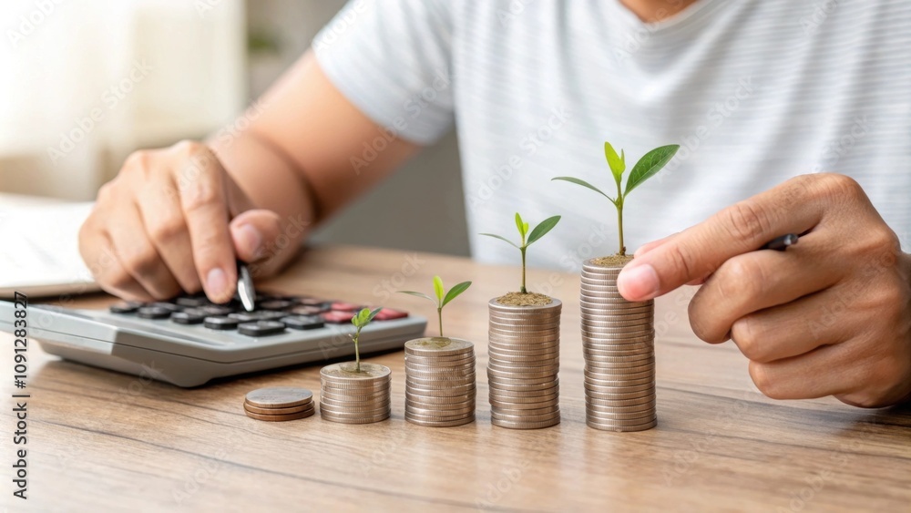 Poster a person using a calculator with a small stack of coins representing careful spending and savings.