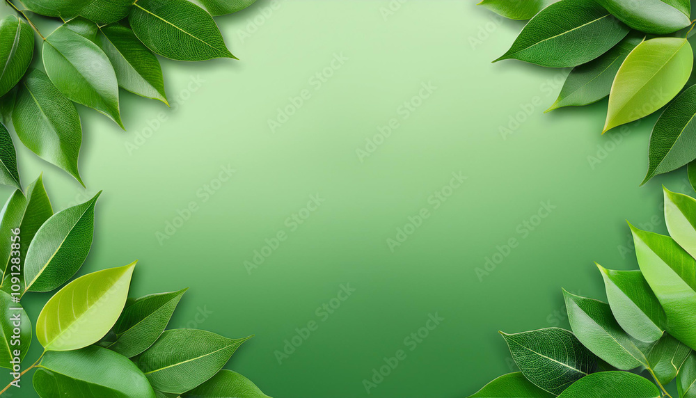 Poster abstract green and white round corner cube platform podium. window lighting and green leaf. pastel l