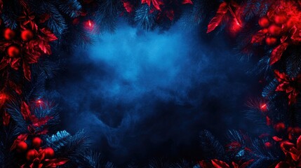 Festive Christmas decoration frame with vibrant red foliage and berries, showcasing a blue mist background for personalized holiday greetings.