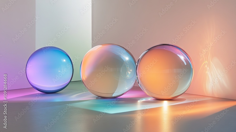 Aufkleber floating glass orbs with dynamic colorful gradients, creating a surreal minimalist scene.