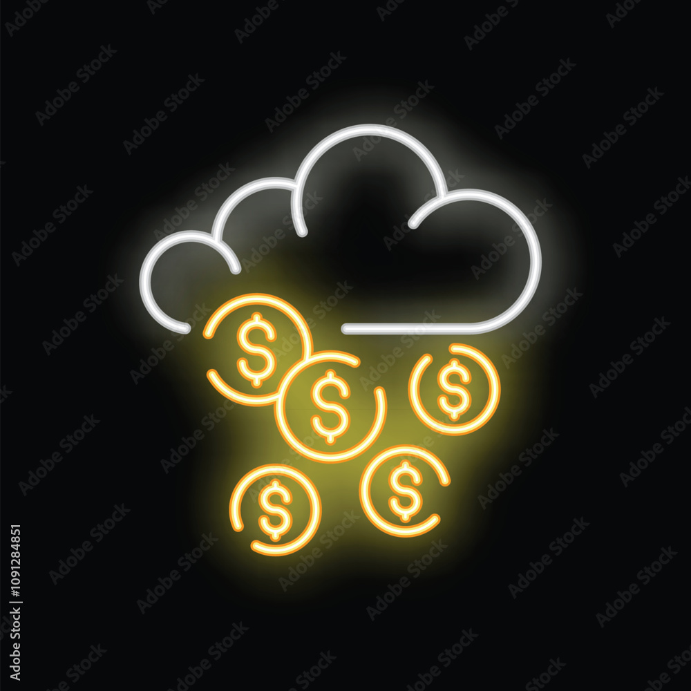 Poster neon sign illustrating the concept of cloud computing generating revenue with raining dollar coins
