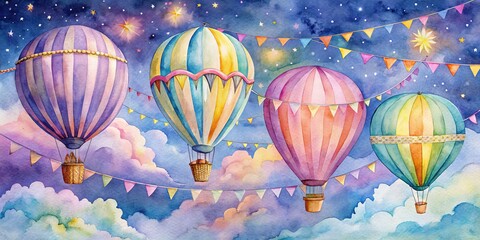 Obraz premium Watercolor Hot Air Balloons with Stars and Flags, Celebration , Fantasy