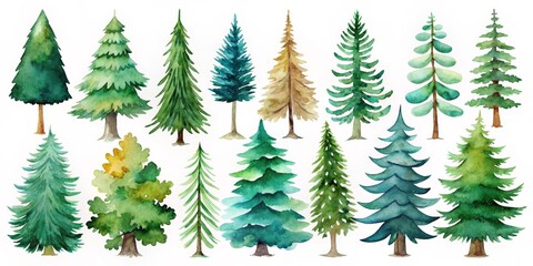 Obraz premium Watercolor Illustration of 15 Forest Trees, Watercolor, Illustration, Nature, Forest, Pine Tree, Evergreen