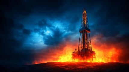Obraz premium Dramatic Oil Rig on Fire Against a Dark Sky with Illuminated Flames Highlighting the Intensity of Industrial Energy Production and Environmental Concerns