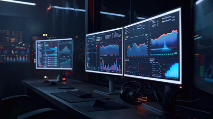 Fototapeta premium High tech workspace with multiple monitors displaying data analytics and graphs