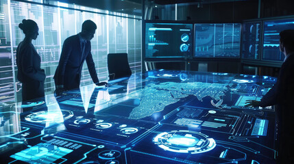 High tech meeting room with digital map and data analysis