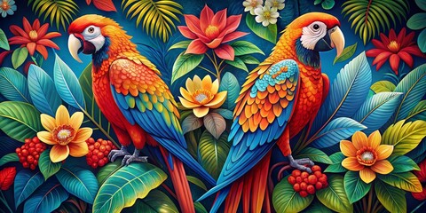 Obraz premium Two Macaws in a Tropical Paradise, Digital Illustration, vibrant colors, tropical birds, jungle, macaw, bird