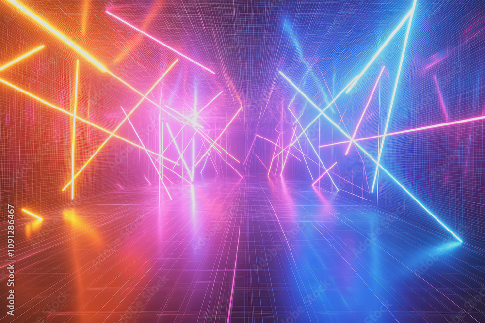 Poster dynamic geometric background featuring thin grid lines and bold neon light beams in vibrant colors f