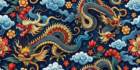 Seamless Pattern of Dragons in Clouds and Flowers, Chinese Art, Oriental Design, Dragon, Chinese