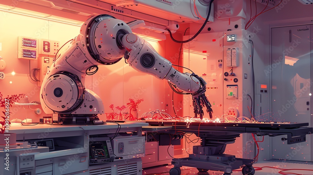 Poster robotic arm delicately working on a circuit board in a futuristic lab setting with soft, warm lighti