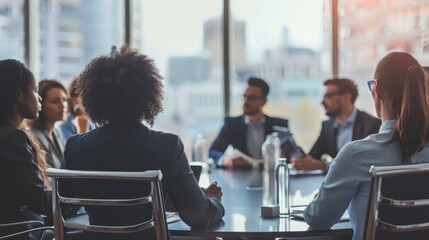 Business meeting with diverse professionals discussing strategies