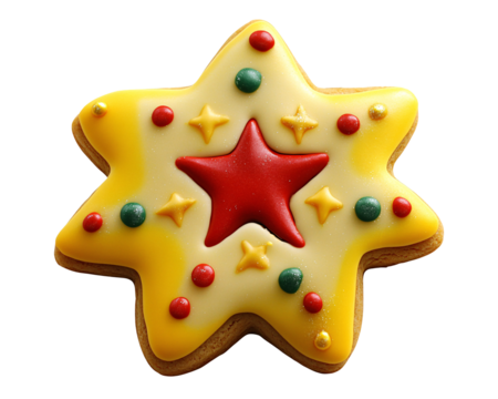 a star shaped cookie with yellow frosting and red star
