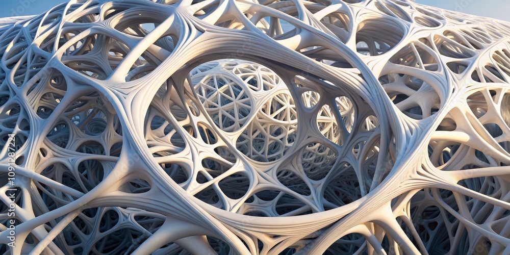 Fototapete interconnected network of white curves, abstract 3d illustration, futuristic architecture, organic s