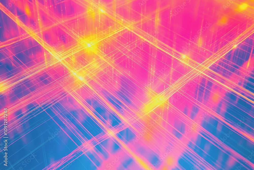 Poster vibrant geometric background featuring thin grid lines in a colorful neon style with awesome lightin