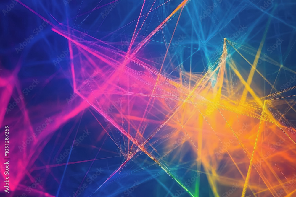 Poster vibrant geometric background with thin linear grid lines in a multicolored spectrum of neon colors f