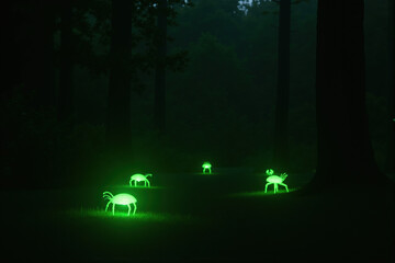 A bioluminescent jungle illuminated by glowing robotic insects