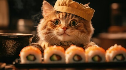 Cat chef in a chef's hat skillfully prepares colorful sushi rolls, showcasing culinary talent in an adorable cooking scene.