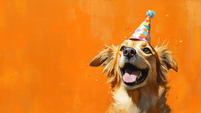 Cheerful golden retriever wearing a colorful party hat joyfully celebrates against a bright orange background, perfect for greeting cards, posters, and customizable designs.