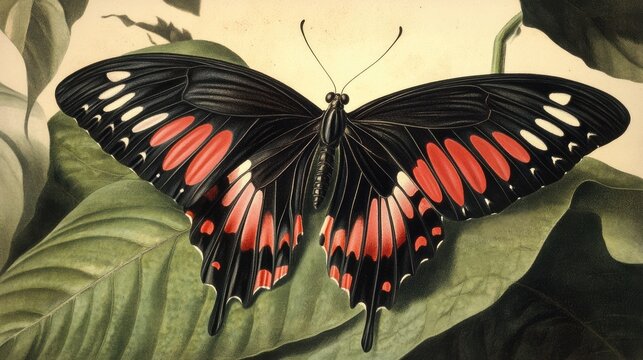 Vibrantly colored butterfly perched gracefully on a lush green leaf, showcasing the distinct features of Parides eurimedes and Mylotes cattleheart species with its striking red and black wings.