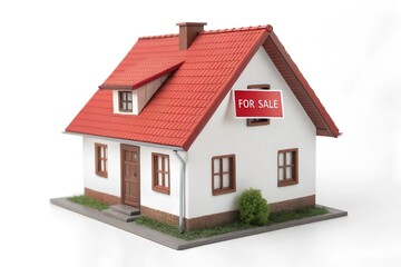 Small white house, red roof, miniature model, real estate sign, for sale, architectural scale model, detailed craftsmanship, dollhouse aesthetic, green lawn, white trim, photorealistic render, isolate