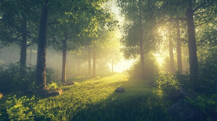 Obraz premium Serene forest landscape illuminated by soft sunlight filtering through lush green trees, creating a tranquil and calming atmosphere among the vibrant flora and gentle greenery.