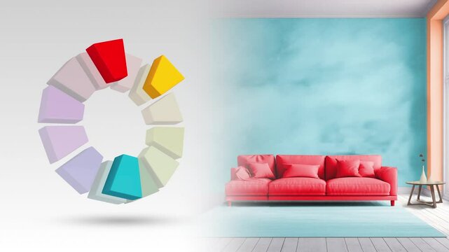 Split complementary color scheme of orange,blue green,red for living interior