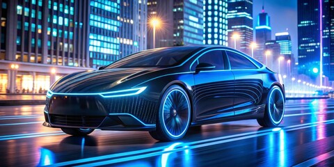 Fototapeta premium Futuristic Electric Car Driving Through Neon City at Night, Electric Vehicle, Cityscape