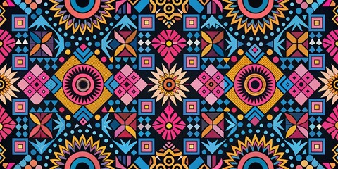Fototapeta premium Geometric Abstract Pattern with Vibrant Colors, Circles, Flowers, and Squares, seamless, abstract pattern , background