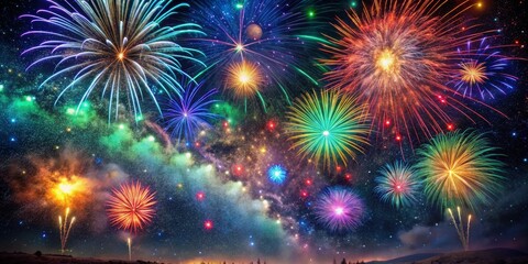 Fototapeta premium Fireworks Display Over Starry Night Sky, Celebration, Night Sky, fireworks