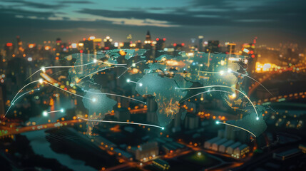 Obraz premium Digital world map overlay on city skyline at night, showcasing connectivity