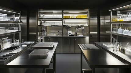 Fototapeta premium Empty research laboratory with sterile white walls and stainless steel tables. The absence of activity symbolizes potential and the promise of future discoveries.