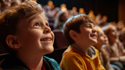 Naklejka premium Happy children watching a show in a theater, the crowd seated and smiling, in a close-up shot.