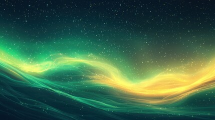 A glowing aurora-inspired background with radiant green and yellow waves flowing across a dark sky. Tiny stars and soft gradients enhance the ethereal beauty. The cosmic aesthetic feels magical 