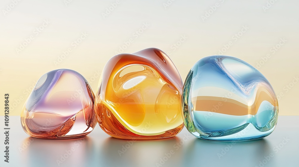 Poster minimalist 3d render of colorful overlapping glass shapes with soft reflections on a neutral backgro