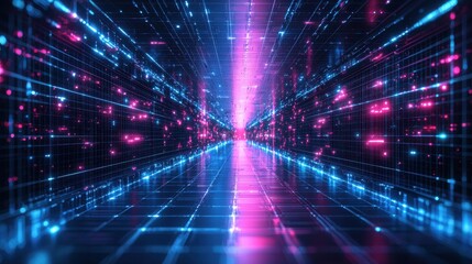 Obraz premium A glowing digital grid background in neon blue and magenta with dynamic wave patterns. The futuristic and innovative aesthetic feels immersive and sleek. Perfect for tech and sci-fi designs 
