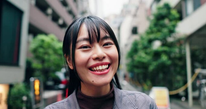 Student, happy and face of Asian woman in city smile for weekend, adventure or relax outdoors. University, urban town and portrait of Japanese person with pride on commute, trip and break for college