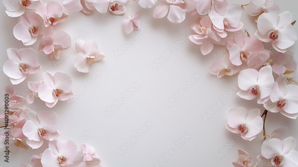 Poster A simple, minimal border featuring delicate light pink orchids arranged in small clusters or individually along the top and bottom edges. The design is soft and subtle, adding an elegant floral touch