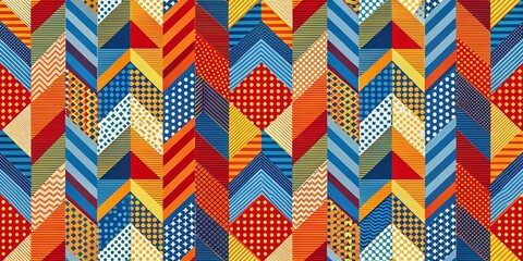 Abstract Geometric Pattern with Stripes, Polka Dots, and Chevrons in Red, Blue, and Yellow, pattern, background