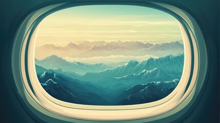 Naklejka premium A breathtaking mountain landscape viewed through an airplane window, showcasing distant peaks bathed in soft morning light and a serene atmosphere.