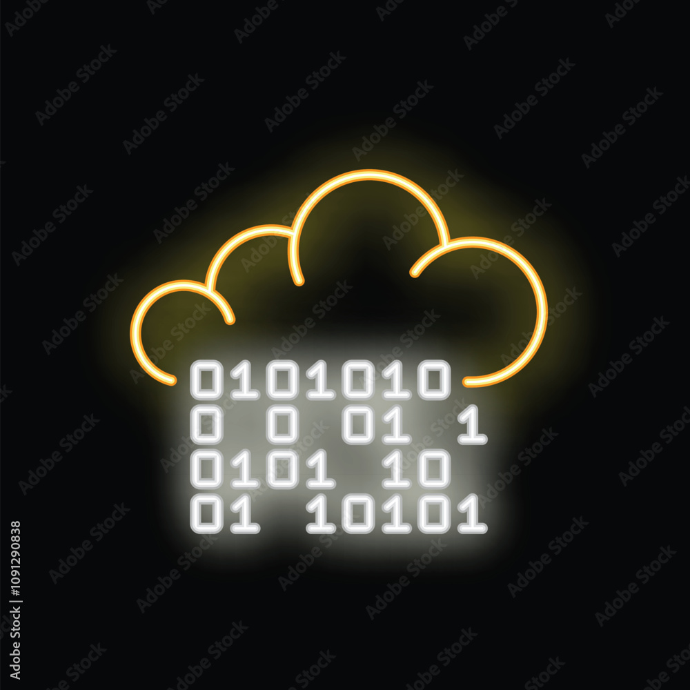 Poster neon cloud glowing on a dark background with binary code underneath representing cloud storage and c