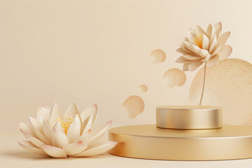 A gold podium background, decorated with lotus flowers and set against a beige background, is prepared for product presentation and cosmetic mock-ups.
