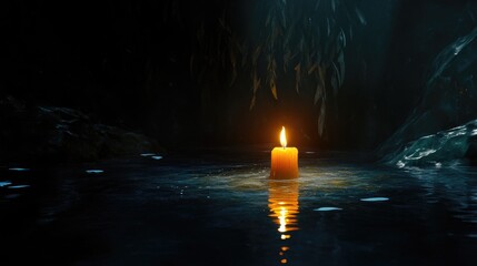 Fototapeta premium A glowing candle casts a warm light in a dark, tranquil space, its flame reflecting softly on still water, creating a serene ambiance ideal for introspection and meditation.
